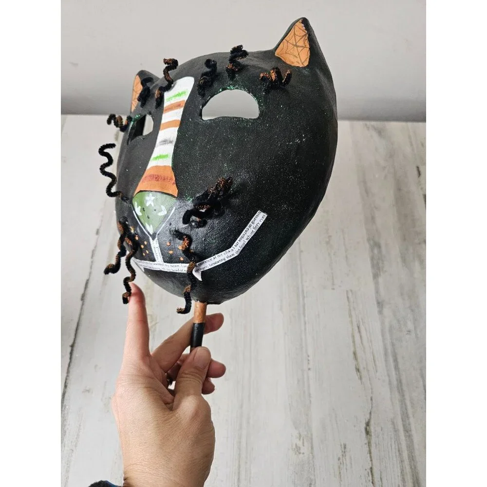 Shabby chic cat mask‎ Halloween decor unique black glitter